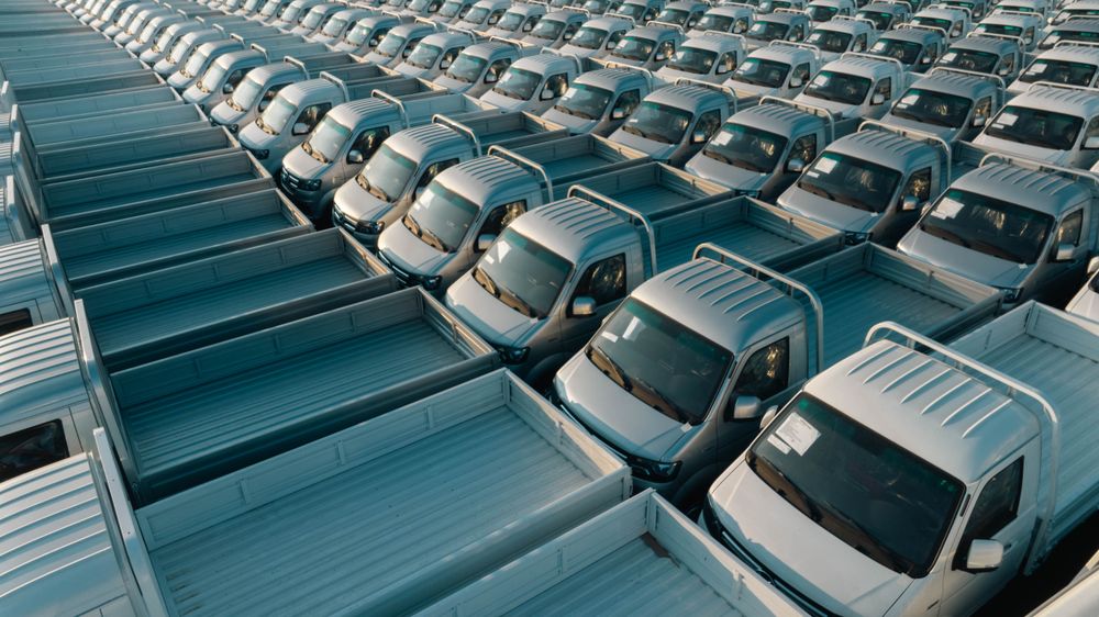 Rows of new pickup trucks